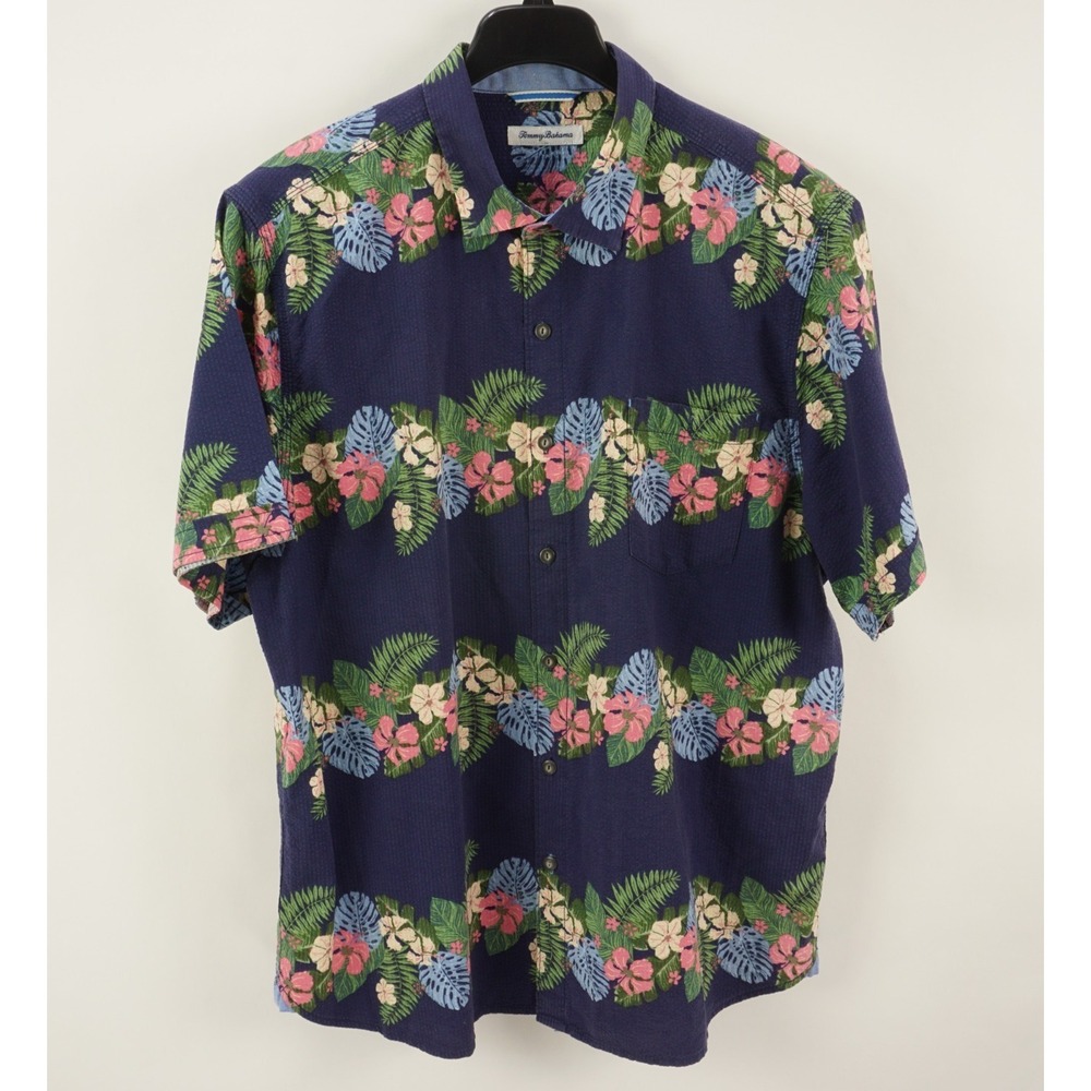 Tommy Bahama Men's XL Short Sleeve Navy Blue‎ Floral Striped Hawaiian Camp Shirt